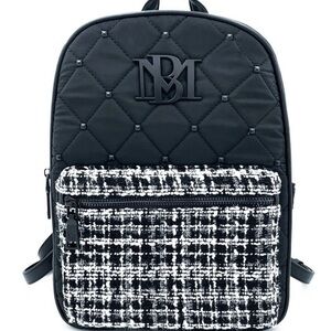 BADGLEY MISCHKA Tweed Diamond Quilted Nylon Backpack NWT Black White MSRP 170